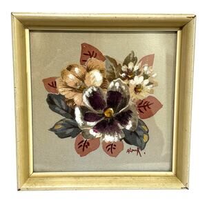Vintage original signed art professionally framed purple pink pansy flowers
